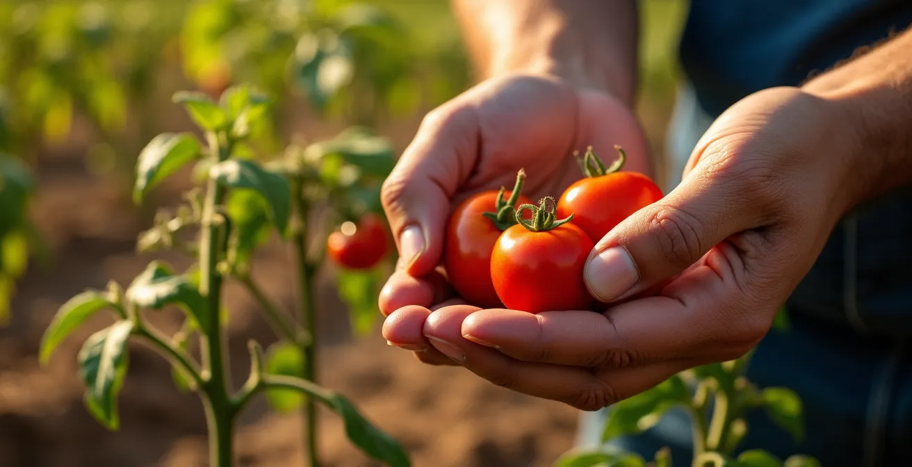 Plants de tomates en conditions d'aridoculture montrant fruits concentrés en nutriments