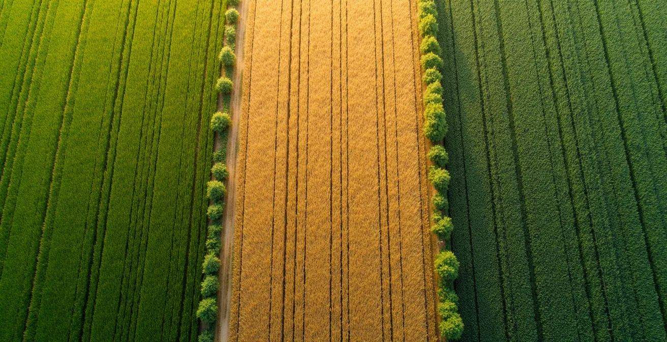 Vue aérienne de trois parcelles de blé côte à côte montrant différentes densités et couleurs de cultures