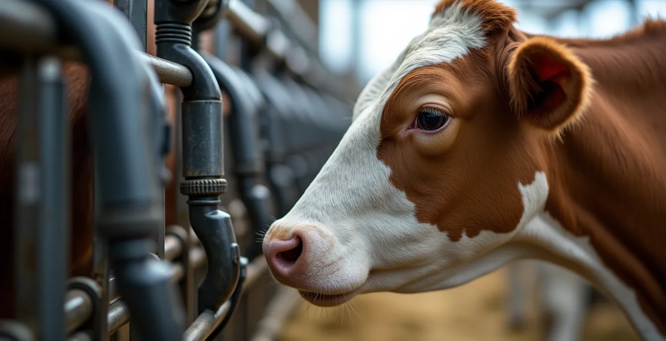 Vache en phase d'apprentissage avec le robot de traite, guidée par un éleveur patient