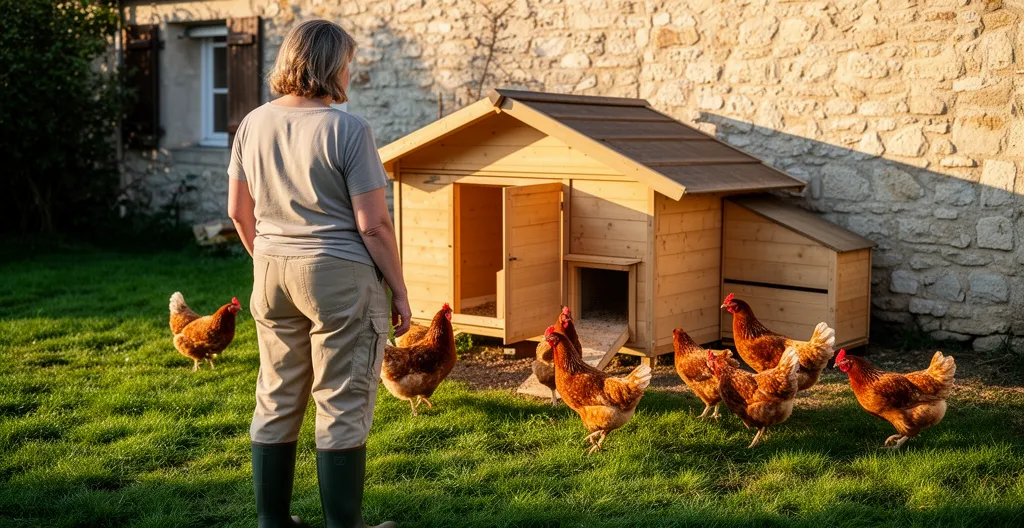 Femme observant son poulailler avec plusieurs poules dans jardin