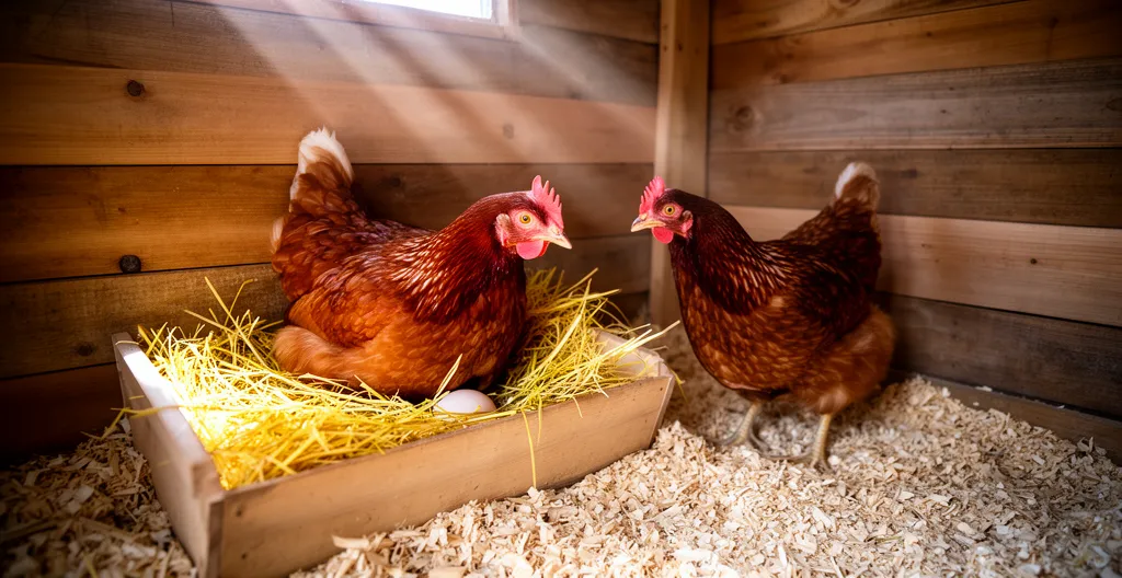 Intérieur de poulailler avec poule dans pondoir et autre en attente