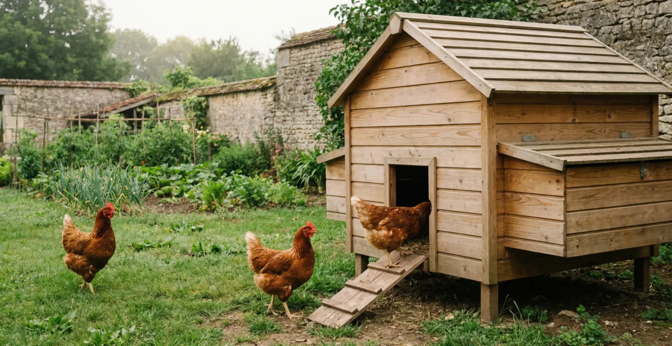 Poulailler en bois dans jardin avec poules rousses explorant l'espace