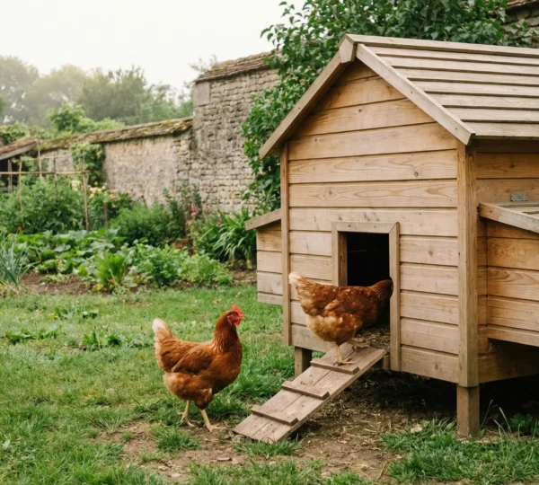 Poulailler en bois dans jardin avec poules rousses explorant l'espace