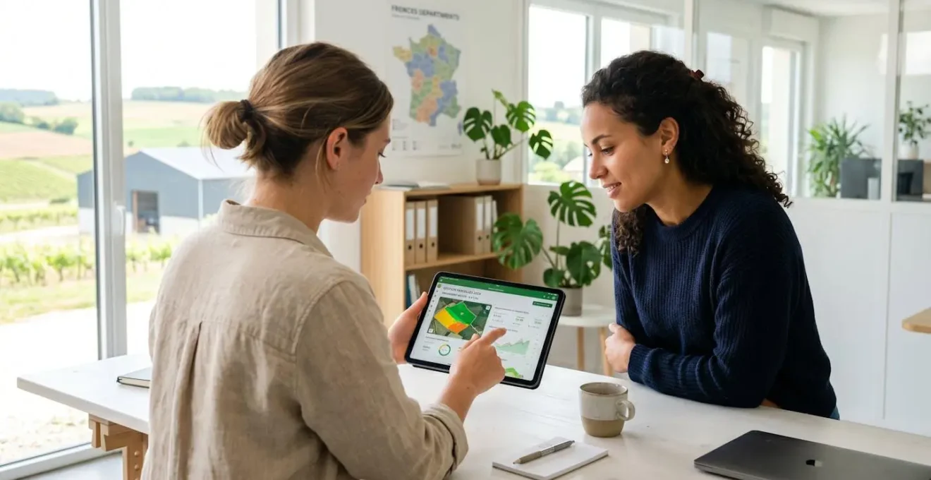 Deux personnes vues de dos consultent ensemble une tablette dans un bureau d'exploitation agricole moderne et lumineux