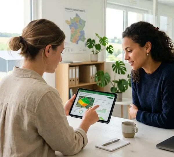 Deux personnes vues de dos consultent ensemble une tablette dans un bureau d'exploitation agricole moderne et lumineux