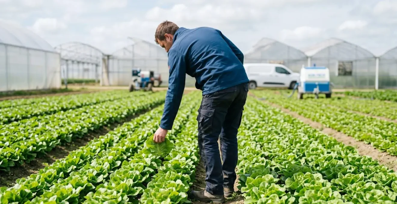 Un agriculteur vu de dos inspecte attentivement un champ cultivé sous la lumière naturelle du jour