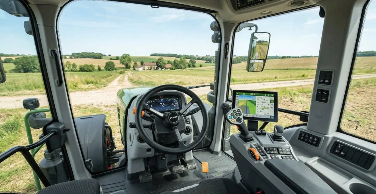 Intérieur d'une cabine de tracteur contemporain avec console numérique et écrans de contrôle