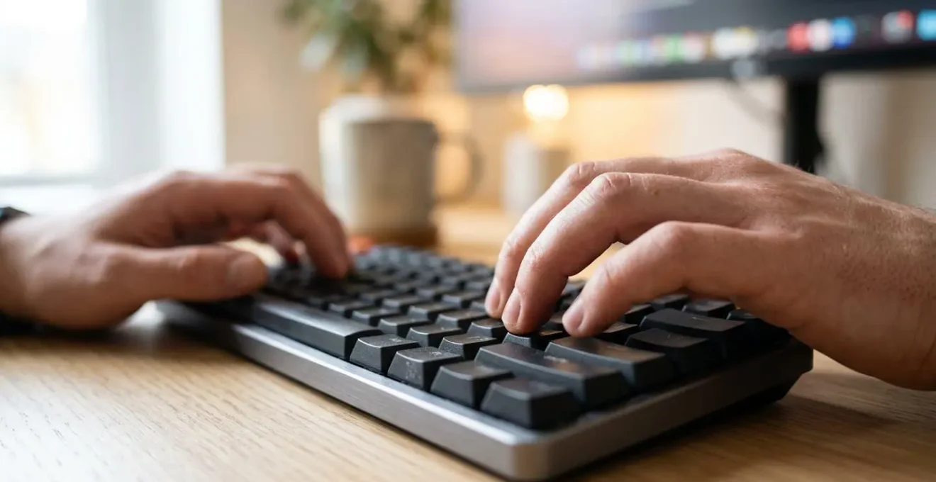 Gros plan sur des mains tapant sur un clavier d'ordinateur moderne avec écran complètement flouté en arrière-plan