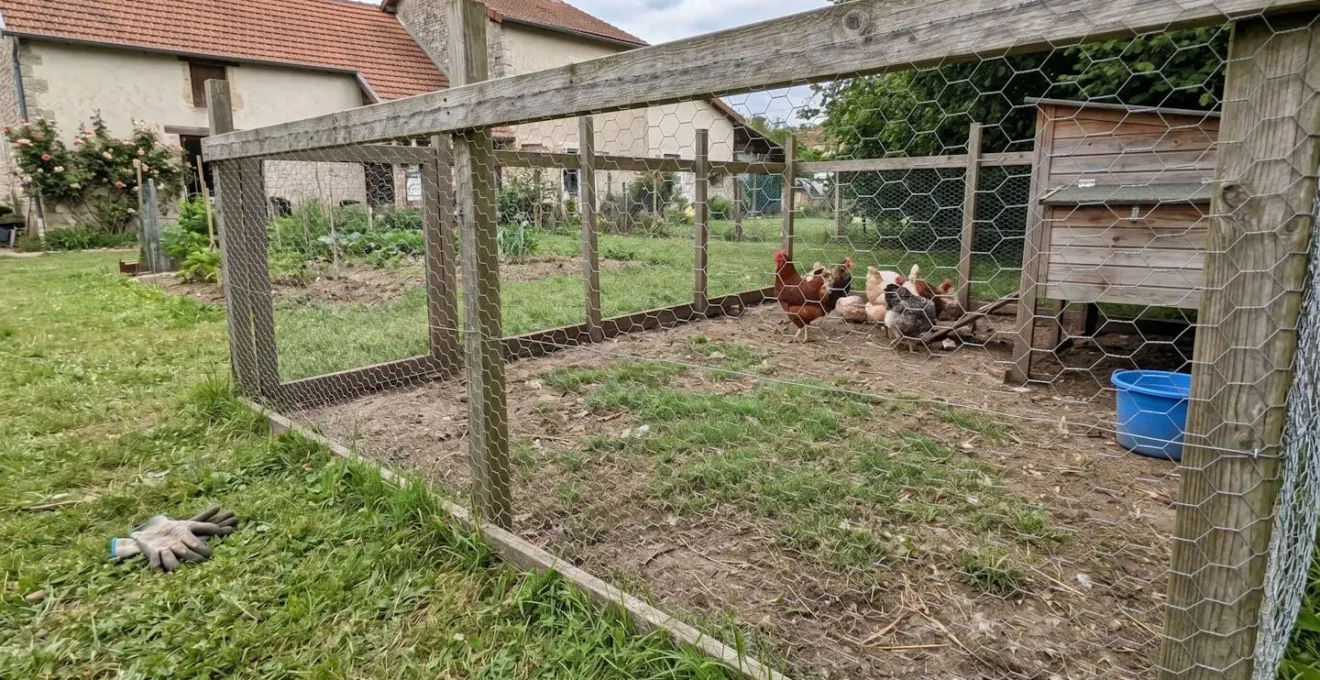Enclos de poulailler sécurisé avec grillage à maille hexagonale triple torsion installé sur piquets en bois, volailles en arrière-plan