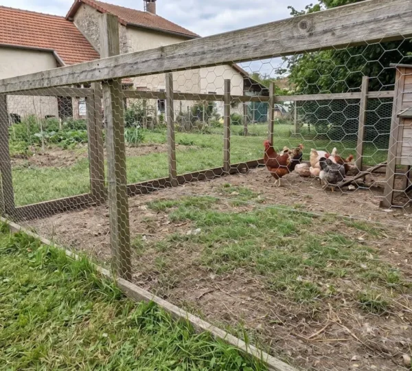 Enclos de poulailler sécurisé avec grillage à maille hexagonale triple torsion installé sur piquets en bois, volailles en arrière-plan