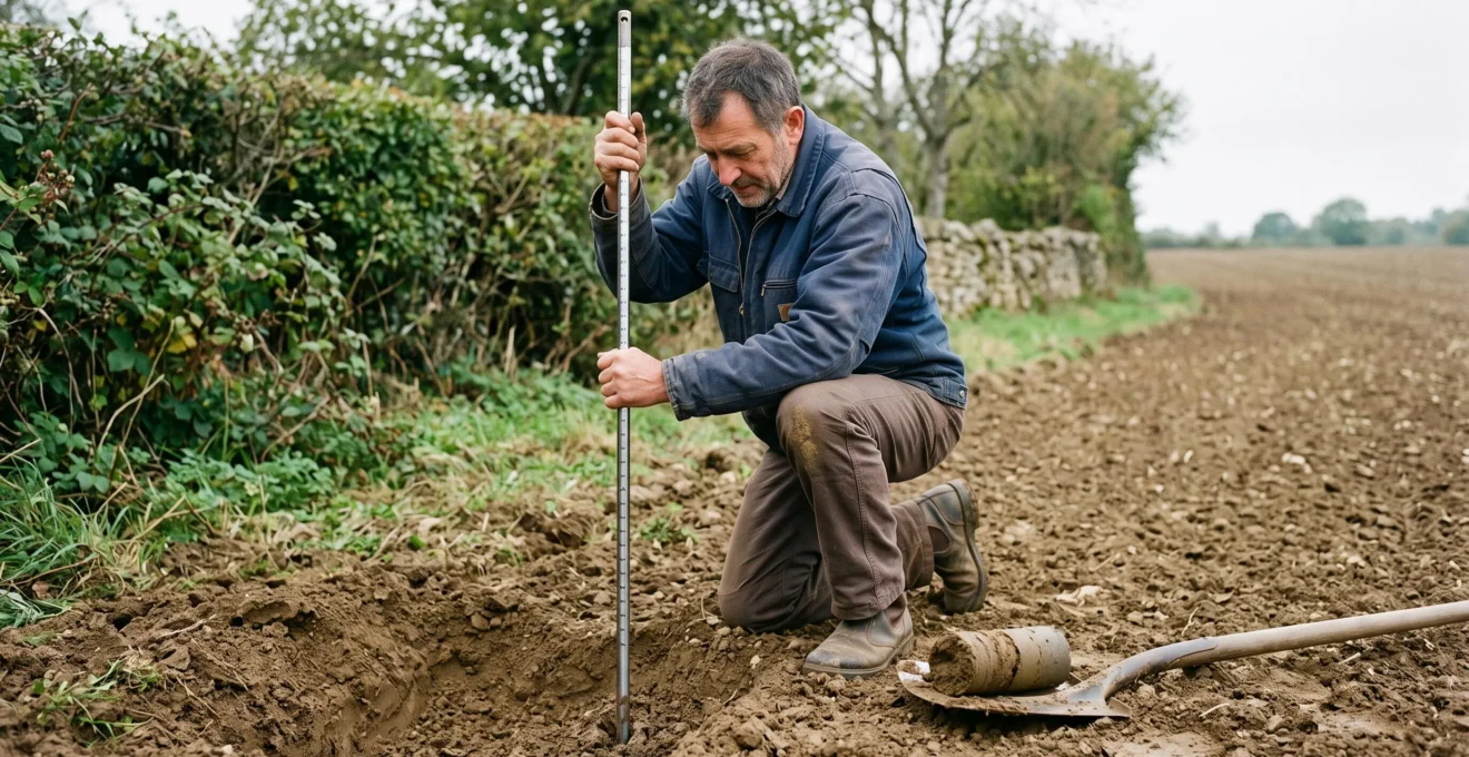 Un agriculteur agenouillé en bord de parcelle enfonce une sonde à sol dans le sol pour évaluer la profondeur du tassement.