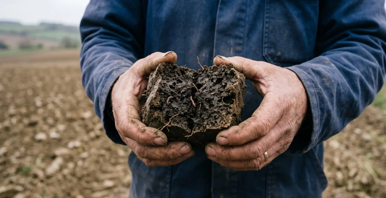 Un agriculteur examine de près un bloc de sol fracturé révélant sa porosité, ses agrégats et quelques vers de terre.