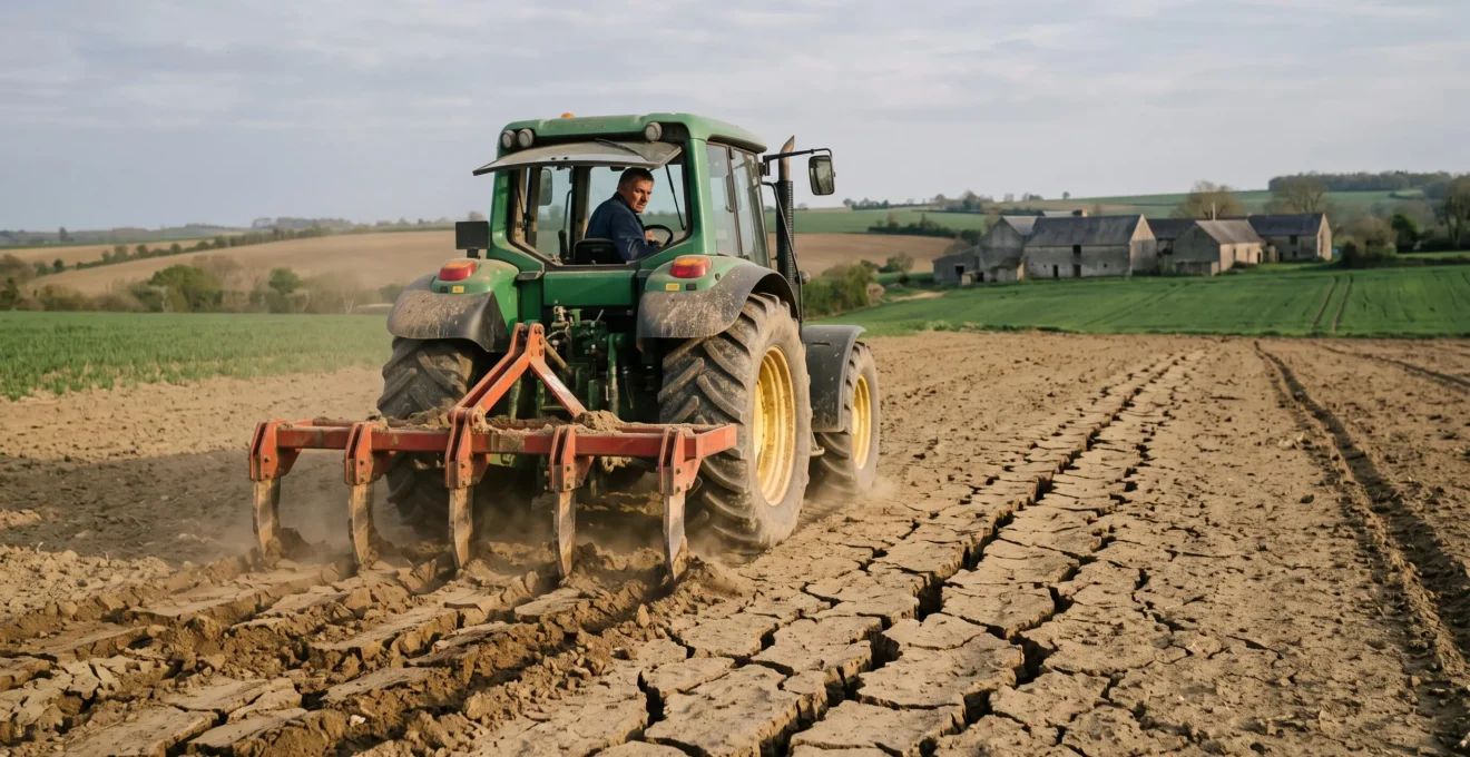 Un tracteur tire un décompacteur à dents qui fissure en profondeur un sol tassé dans une grande parcelle agricole française.