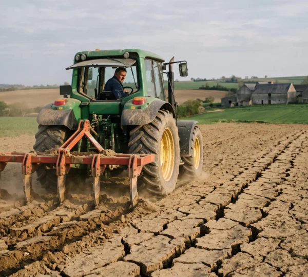 Un tracteur tire un décompacteur à dents qui fissure en profondeur un sol tassé dans une grande parcelle agricole française.